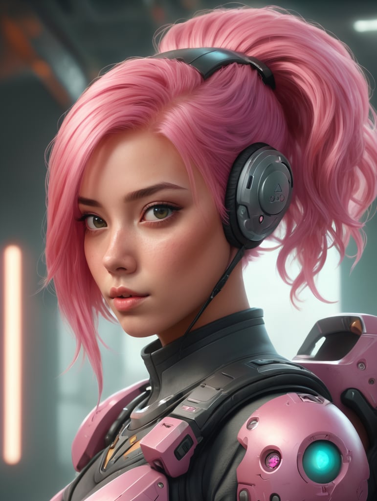 A digital painting of a girl with pink hair, a character portrait by Grillo Demo, featured on cgsociety, space art, artstation hd, behance hd, rendered in unreal engine