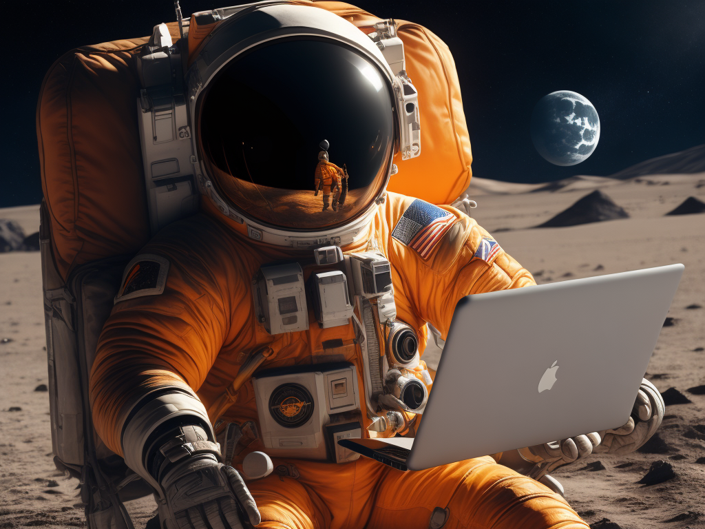 Astronaut on the moon with orange suite working on laptop