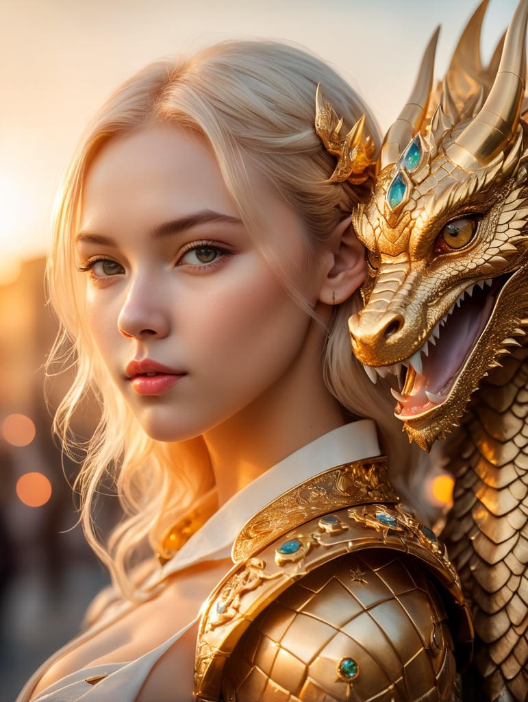 Cute young blonde headed cyberpunk girl holding her golden baby dragon, fantasy, exquisite detail, catch light, low contrast, high sharpness, depth of field, golden hour, ultra detailed photography, shiny stars in the sky
