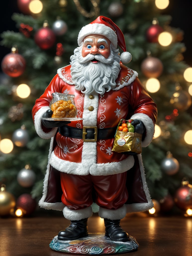 santa claus small glass glass figure, christmas toy for the christmas tree, bag of frozen food in right hand, codfish plate presentation in left hand.