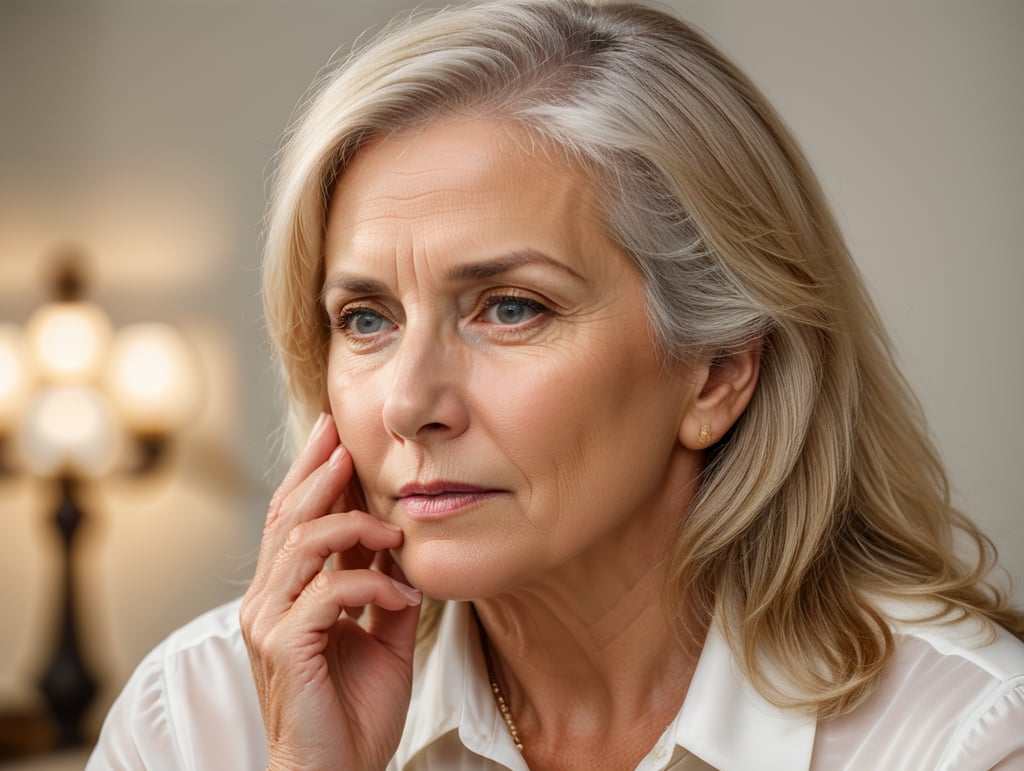 Blonde middle aged woman ponders on something keeps hand near face, white hair, white blouse, mature women, pretty old women, isolated, white background