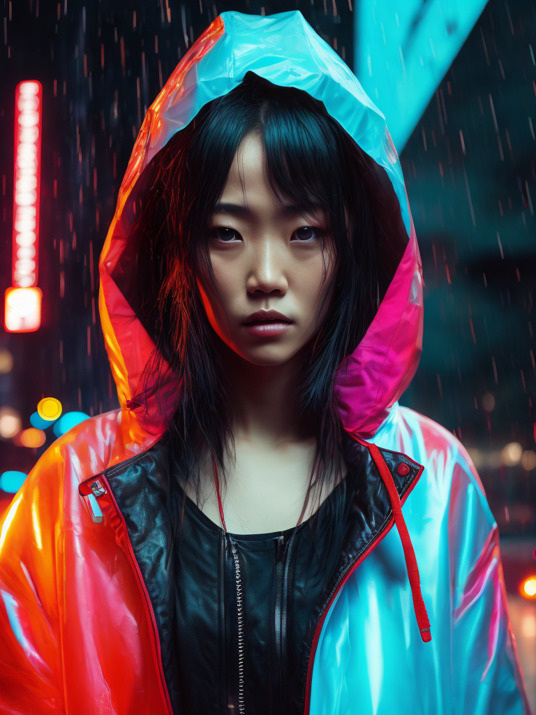 Portrait of Kaori from akira wearing transparent raincoat, rainy neo tokyo photoshoot, cyberpunk, Vivid saturated colors, Contrast light, studio photo, professional photo, Detailed image, detailed face