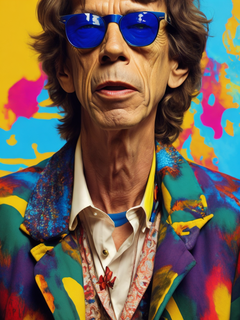 Mick Jagger wearing a brightly patterned jacket and wayfarer glasses, Vivid saturated colors, Contrast color