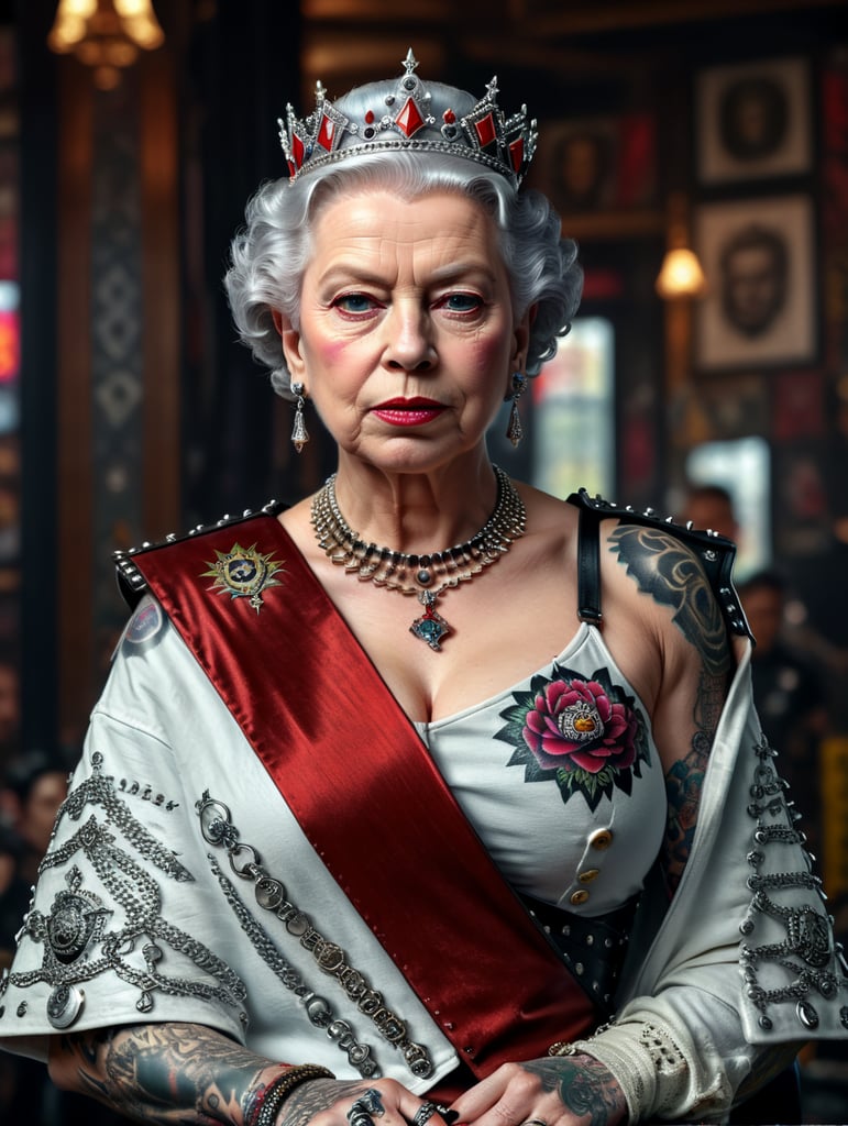 Queen Elizabeth as a punk rocker, full face, tattoos, piercing
