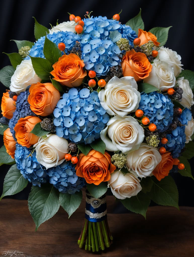 Small Round wedding bouquet with 1 blue hydrangea, few white roses and orange berries