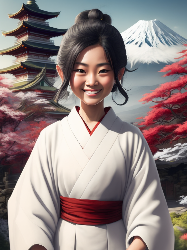 A cute and smiling Japanese skinny girl in a white kimono, Mount Fuji and pagodas in the distance. Miyazaki watercolor style details. clear, sharp and colorful high-resolution picture.