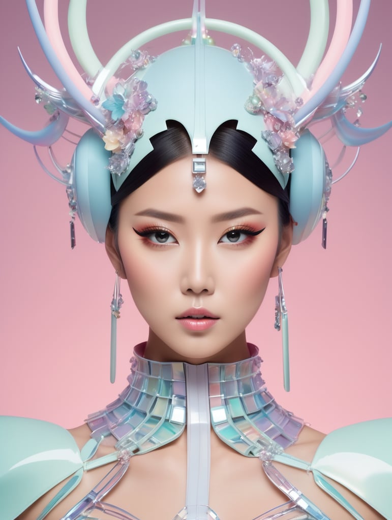 A beautiful Japanese female pop artist wearing a pastel sleek futuristic outfit with a huge headpiece centerpiece. She has clean makeup and is captured in vivid colors, embodying the essence of fantasy and a minimalist, fantastical, edgy, and regal themed outfit, with depth of field.
