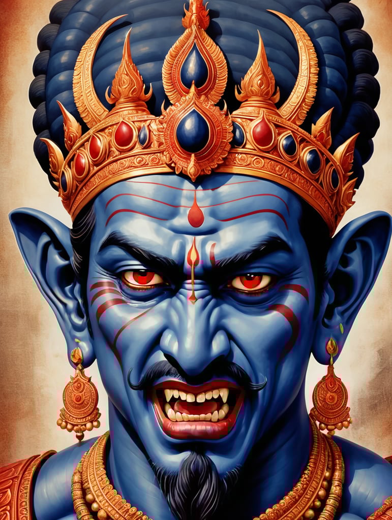 The 10th avatar of lord Vishnu, lord Kalki,has a angry looking face, his body colour is dark blue and his eyes are red. His forehead has vaishnav tilak