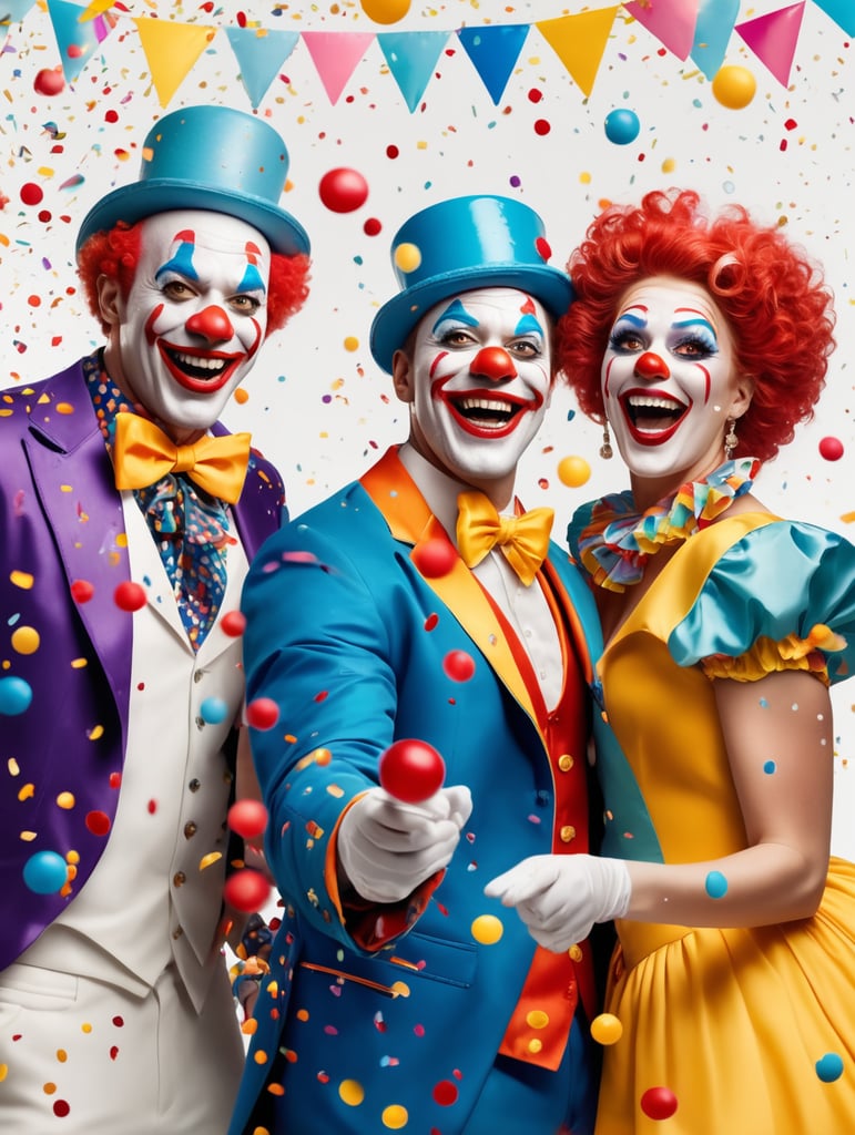 2 homens e uma mulher fantasiados de palhaços felizes jogando confetes e brincando no carnaval com fundo branco