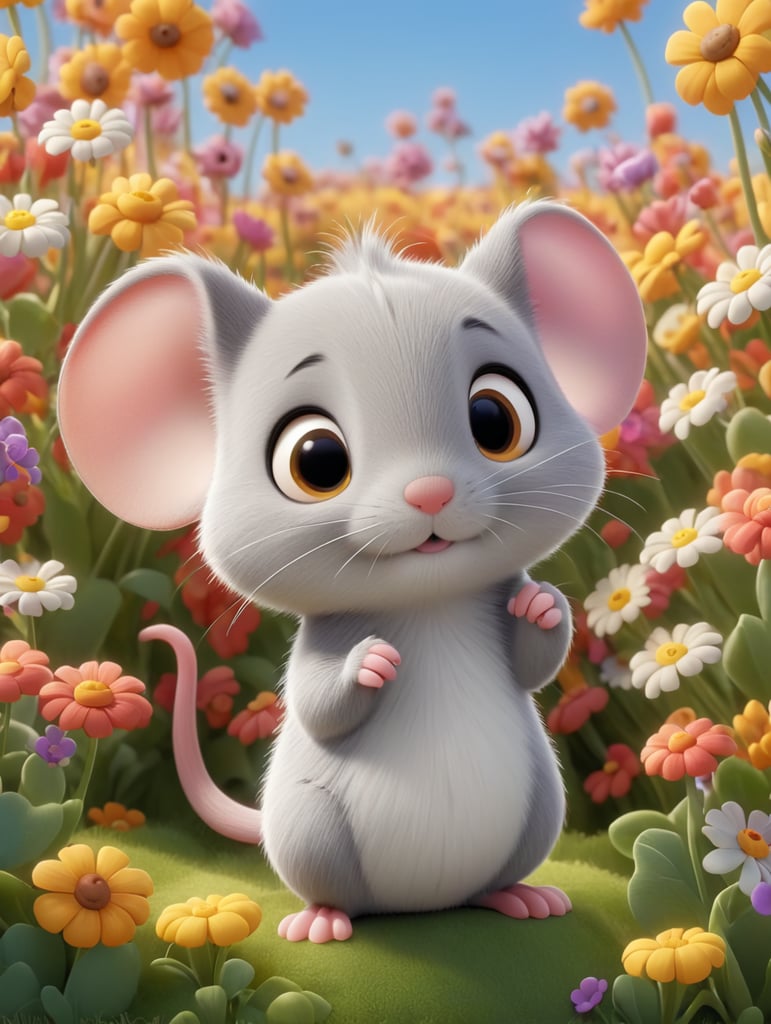 cute gray mouse with basket in a beautiful flower field
