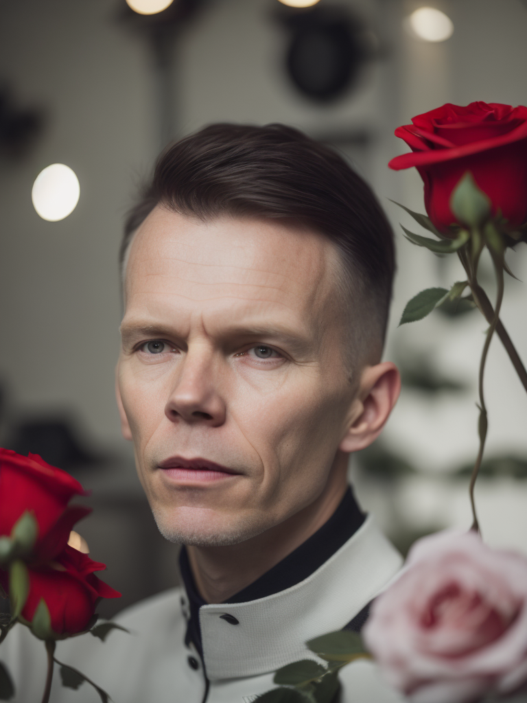 vince clarke con rosas rojas y botones de sintetizadores