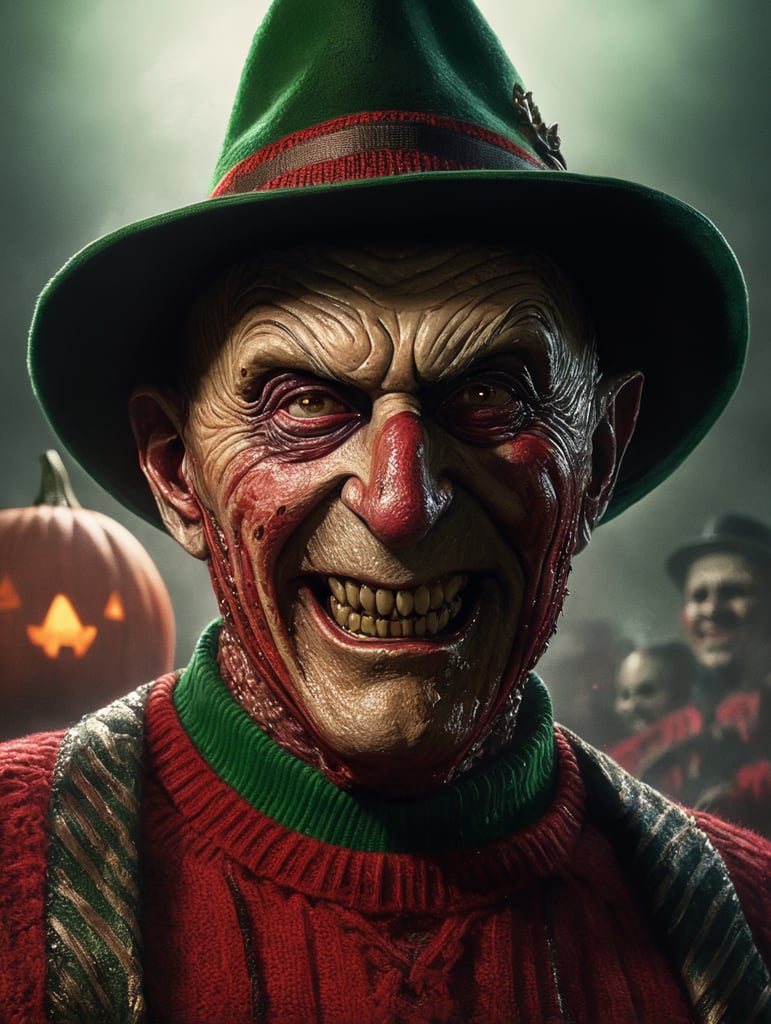 Freddy Krueger with Putin's face, metal claws, red sweater with green stripes, black hat, evil smile, Halloween, Vivid saturated colors, Contrast color