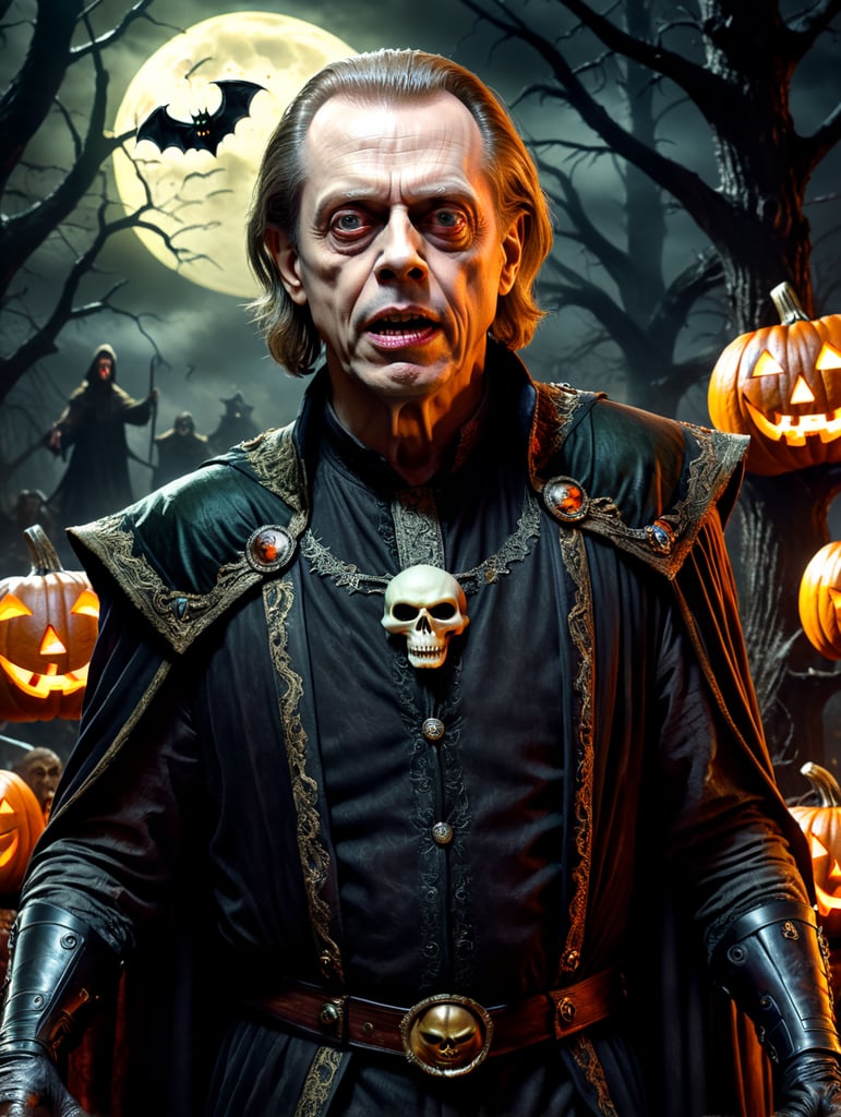 Steve Buscemi Halloween style, full-height picture, scary Halloween costume, creepy