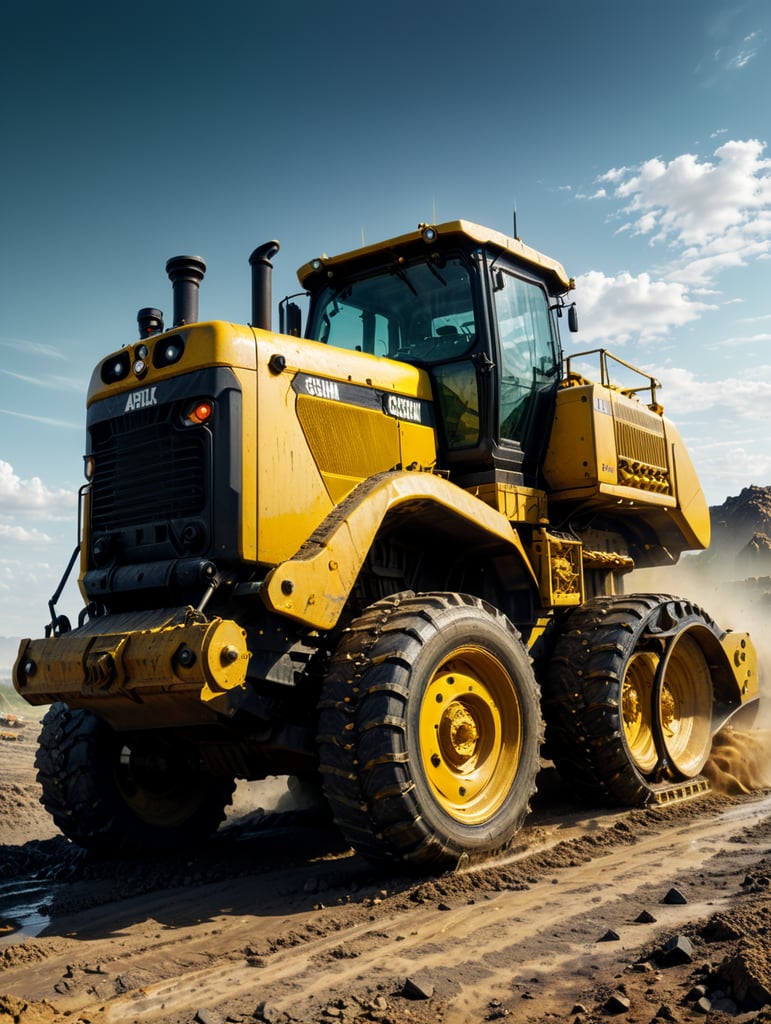 On a summer's day, a yellow caterpillar Crawler Dozer - Left Half Side View speeds ahead, splash in a wasteland.