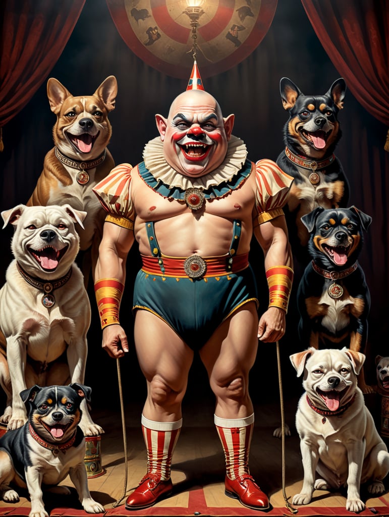 Vintage style circus sideshow poster of a full body anthropomorphic Scary midget with dogs head