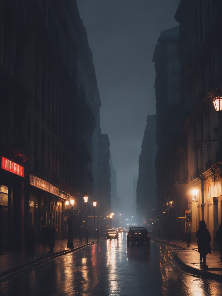 A city street in the night, rainy weater, little fog and people and cars