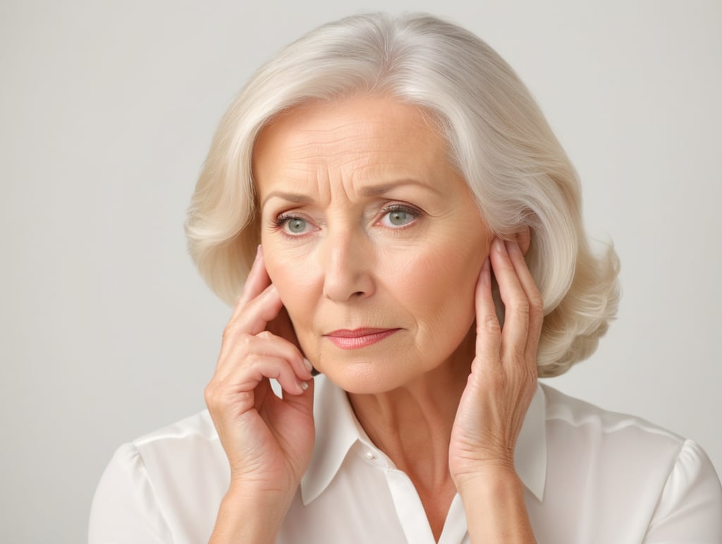 Blonde middle aged woman ponders on something keeps hand near face, white hair, white blouse, mature women, pretty old women, isolated, white background