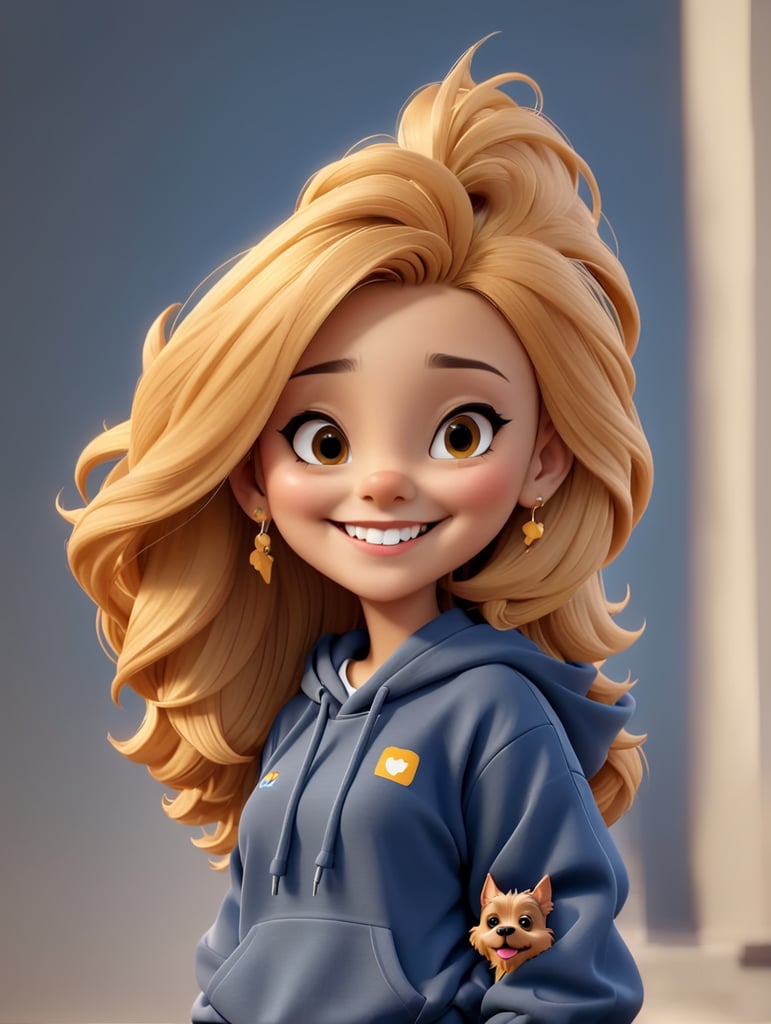 young girl designer ash hair piercing nose piercing oversize minimal dark hoodie with yorshire terrier smiles full-length