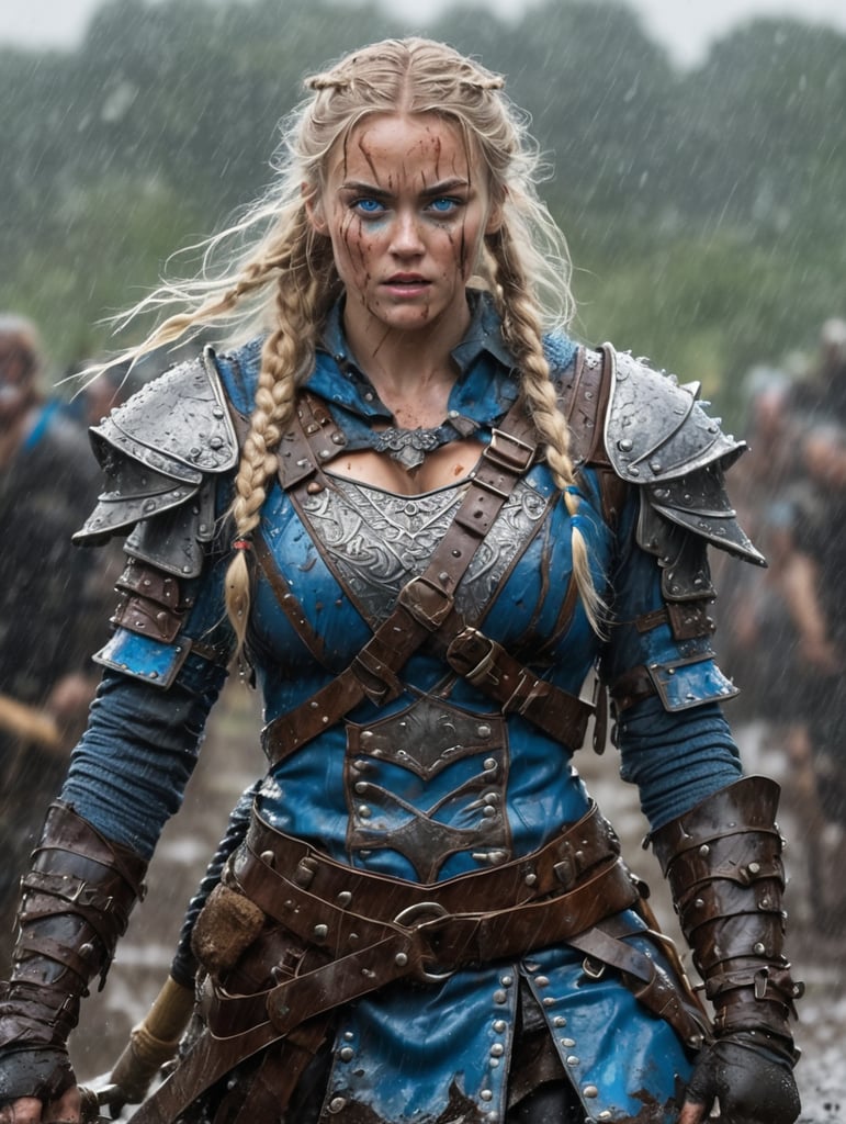 Epic portrait, harlequin, Viking girl, loose braids, blonde, wavy hair, blue eyes sword, battle axe, rain, sweaty, dirty, mud splashes, breathing heavy, gritting teeth, epic, heroic, leather clothing, high definition, waist up, chest, shoulders