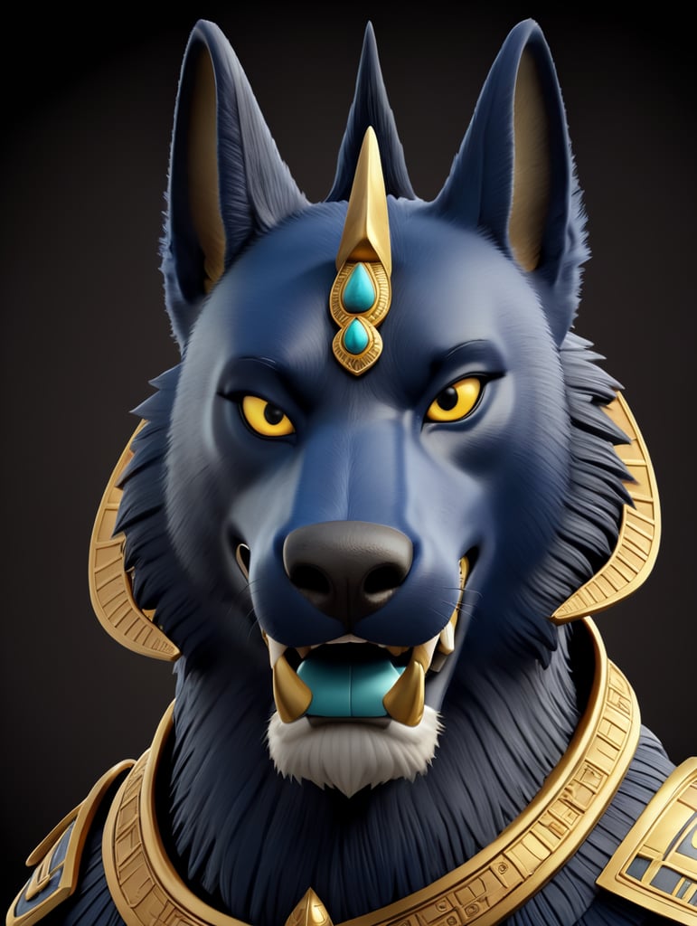 Egyptian god Anubis, portrait, hyper-realistic, dark style, focus on face, sharp on details, black background