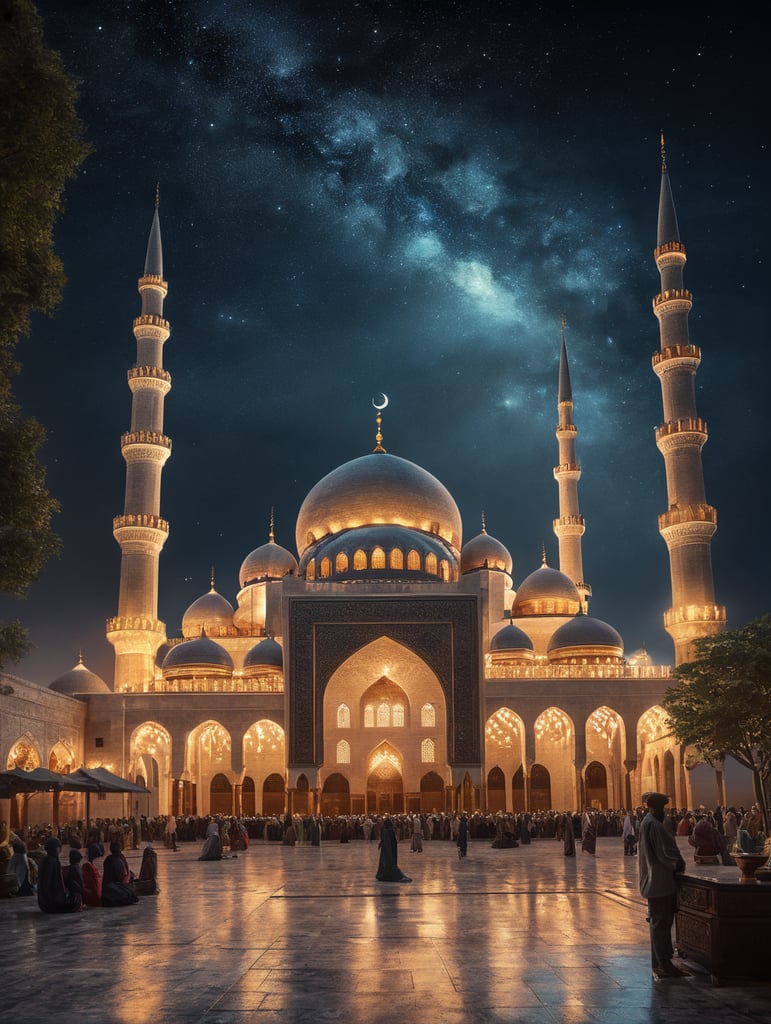 Imagine a serene night with a beautifully illuminated mosque in the foreground, set against a peaceful and starry sky. The mosque's minarets and domes could be adorned with lights, creating a warm and inviting atmosphere. This image symbolizes the spiritual significance of the holiday, emphasizing the importance of the mosque as a place of worship and community gathering during Eid Milad un Nabi.