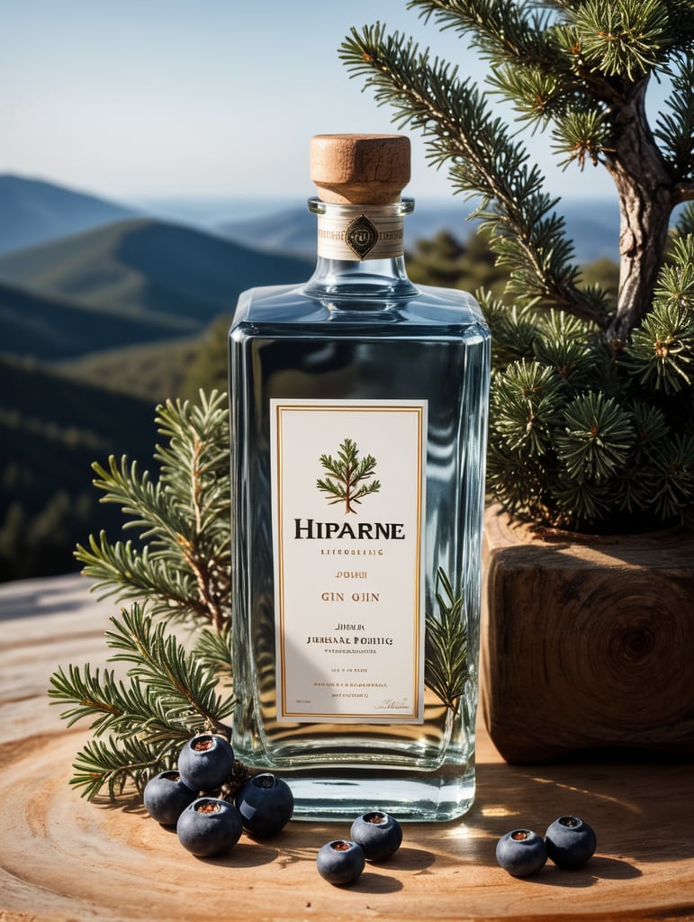 professional photography of a square gin bottle, square bottle, surrounding a juniper and juniper berries, one shot of gin in a front, no label, clear, mockup