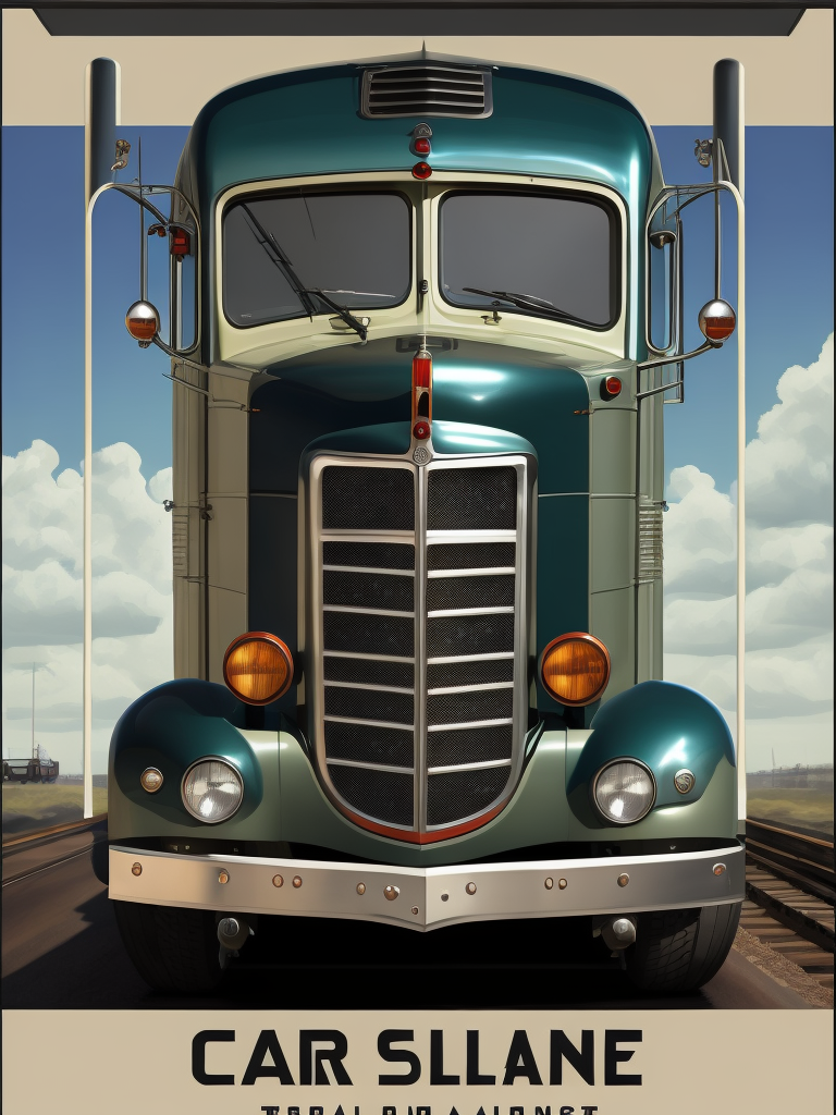 flat nose truck, cabover, locomotive, train, on wheels, tires, art deco, art nouveau, streamline, front window, tall