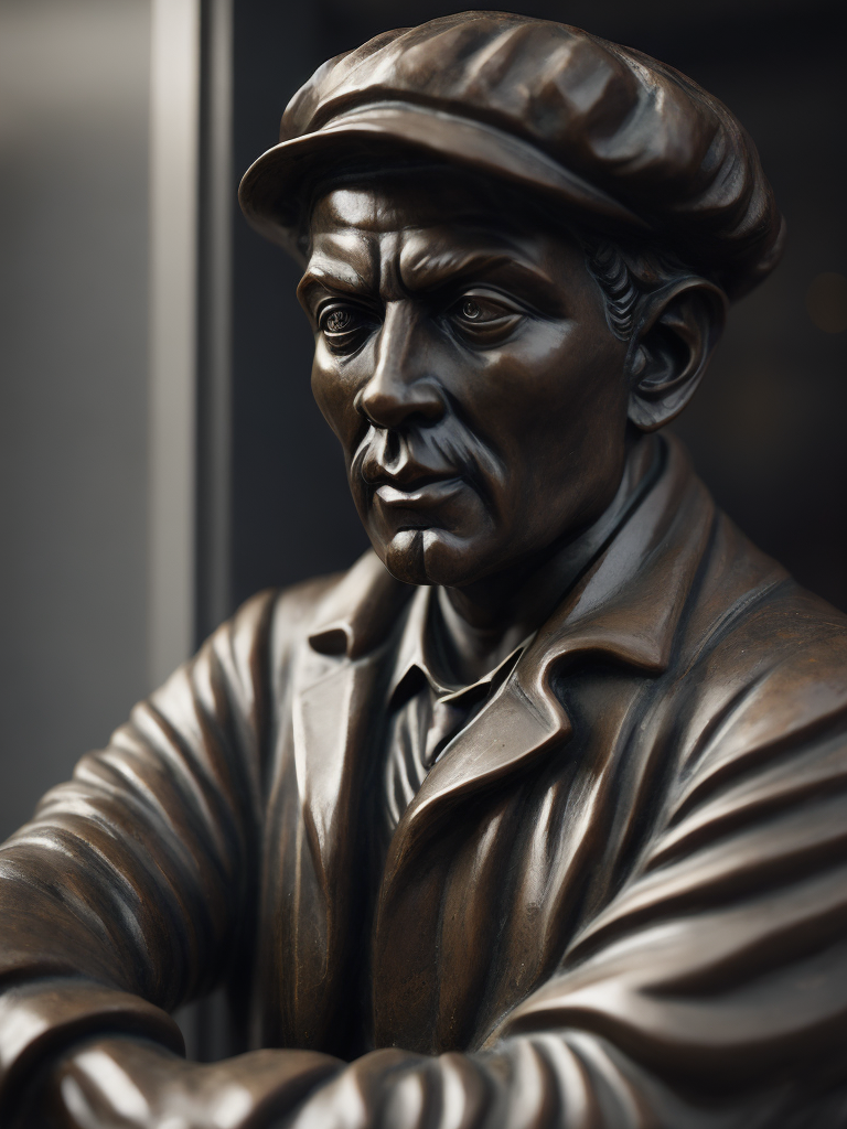 (((black marble statue))) of a english train worker, 1900, dark atmosphere, sharp on details