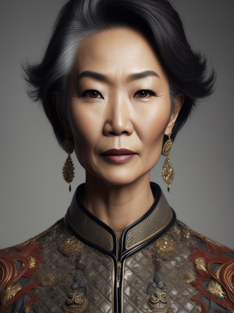 A 50yr old Chinese supermodel with classic Chanel make-up and beautifully styled volume hair, beautiful pores and skin texture, detailed high resolution image, grey hair, Dior makeup, award winning fashion editorial image, soft lighting, gentle expression, she is content with her age