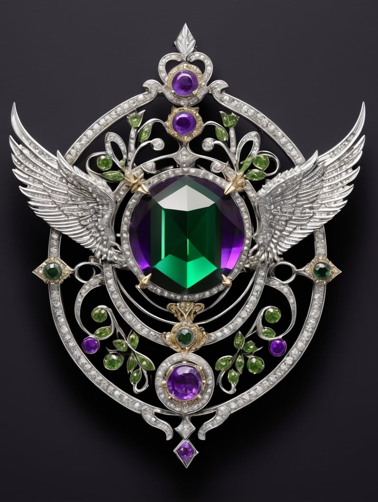 Highly realistic single metal craft, medieval European royal emblem, symbolizing stars and quill pen in the night sky, amethyst, silver, small green diamond, magnificent and noble, frontal view, symmetrical, black background