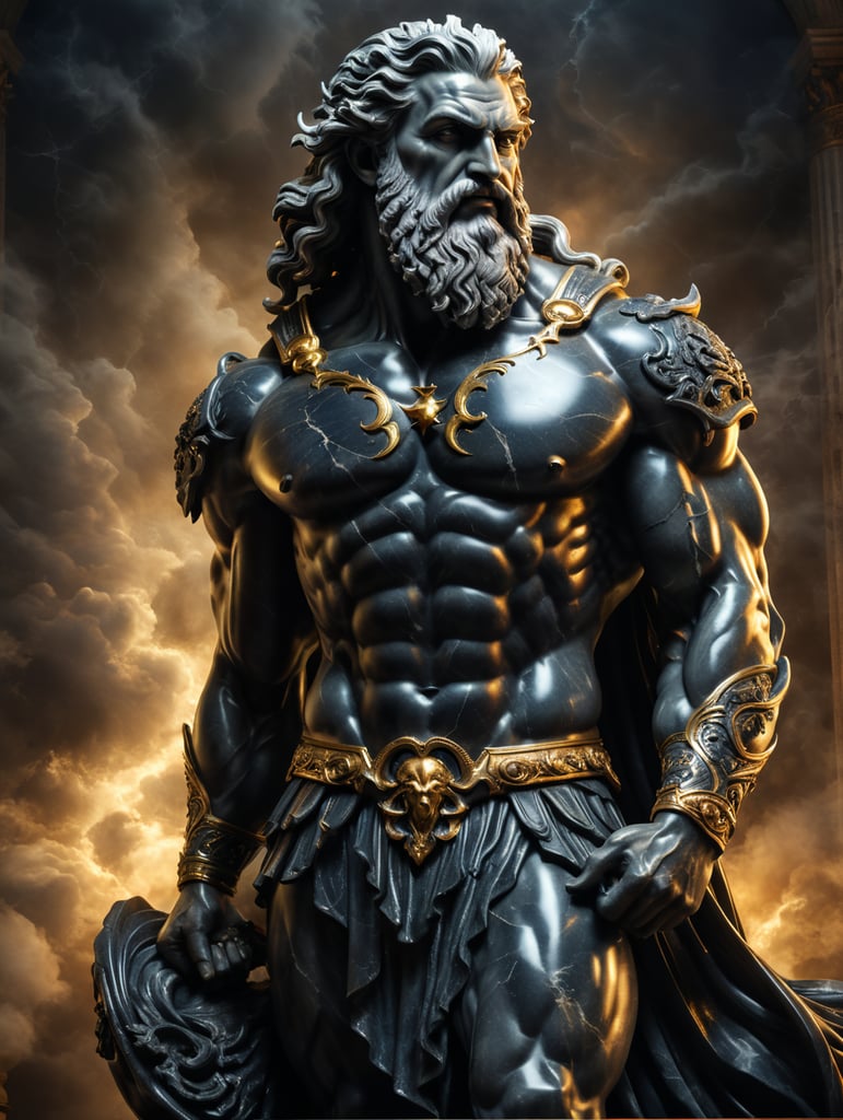estatua de mármol oscuro zeus escultura detalles nítidos góticas estéticas mitología inspiradoras tonalidades oscuras iluminación dramática mármol obra maestra deidad legendaria impresión etérea