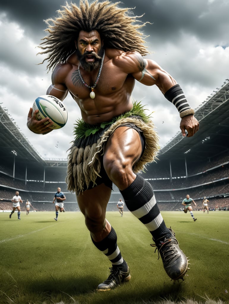 A Fijian warrior with long frizzy hair dressed in grass skirts wearing rugby boots with long white and black stripe socks,running with a rugby ball in his hand, scoring a try🏉