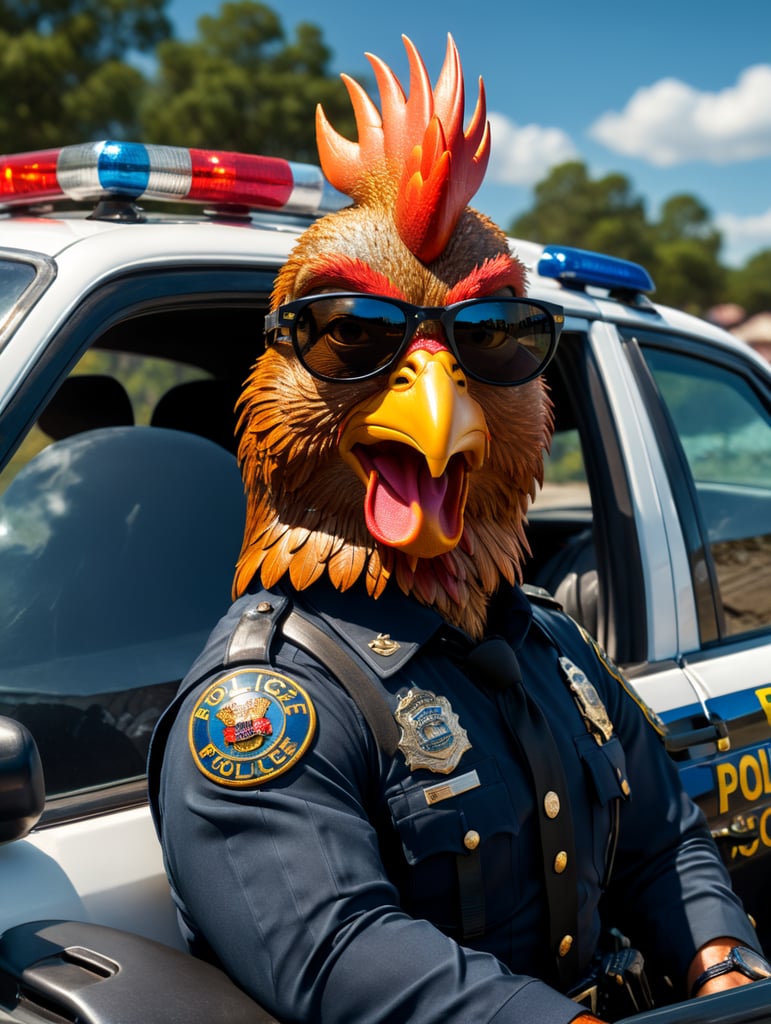 Rooster police officer, sitting behind the wheel of a police car, close-up shot, sunglasses, clipart, stock photo