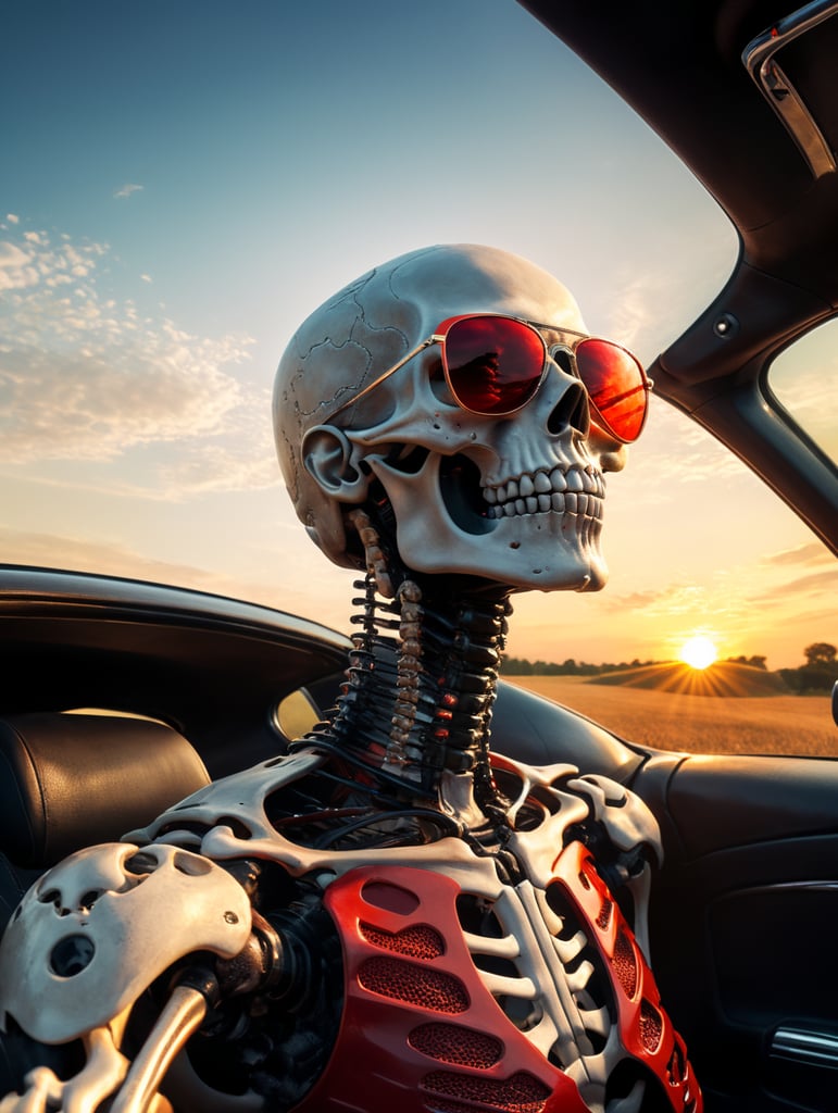 skeleton in sunglasses sitting in car in summer sunset stock photo, in the style of stylized realism, glamorous pin - ups, dark black and red, realistic color palette, sunrays shine upon it, machine aesthetics,futuristic