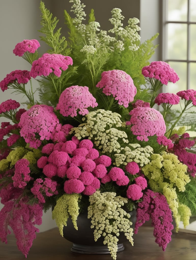 Flower bouquet with pink yarrow, white Queen Anne’s lace, green arborvitae, and amaranth