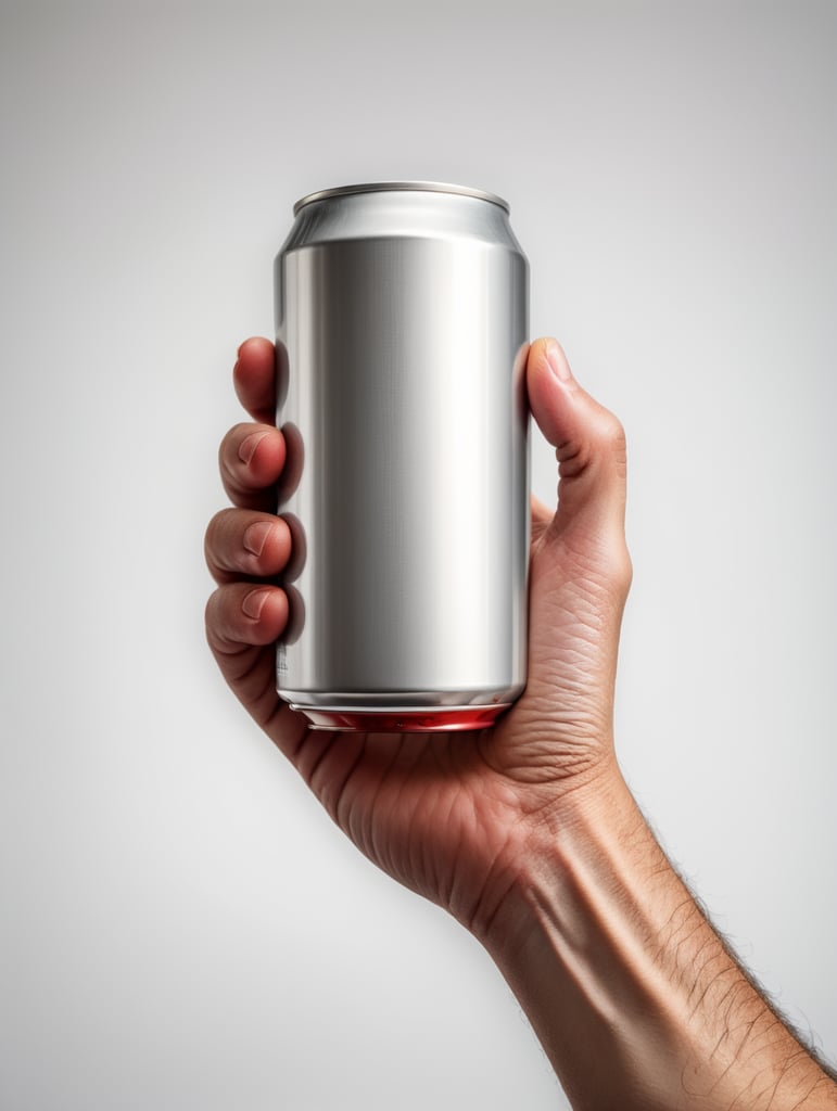 Realistic hand holding a red can, clear, isolated, white background