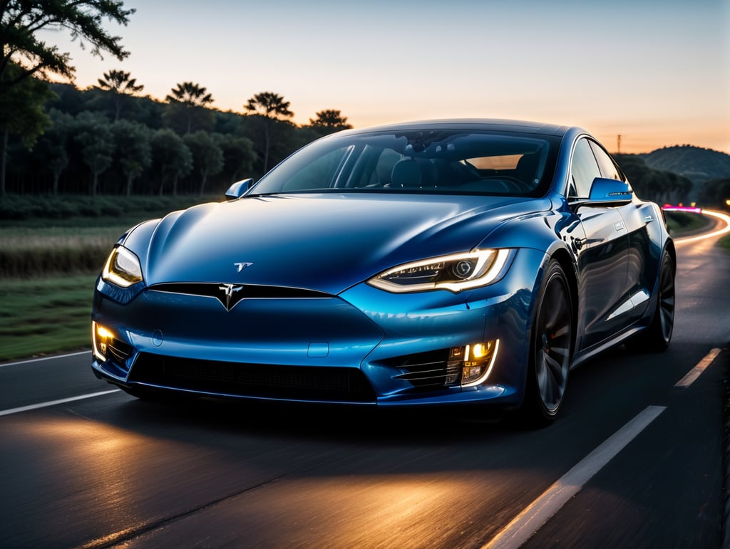 focusing on the front part of the car and the headlights, render a highly detailed, clean, tesla car speeding on highway from right to left with blue neon lights, blue headlights