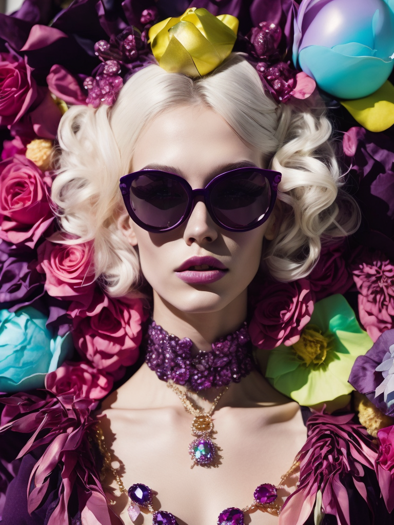 purple and pink, retrofuturism, retro future, 1970, purple vampire dracula, insane bizzare eyeglasses, bright, colorful rgb, dream world, Alexander McQueen Glazier demonic boy, monster face, vampire, horrific, arty pose, fashion, massive huge jewelry, precious gems, massive pearls, giant white diamonds, retrofuturistic, crystal, marble, glass, floral, massive big flowers, gem flowers, hyper neon glow, dark, moody, diaphanous layered ultra haute couture, high definition, high resolution, bold vibrant colors , volumetric lighting, 8k, 3d rende, style by dior, style by channel, by Jimmy Marble and Takashi Murakami