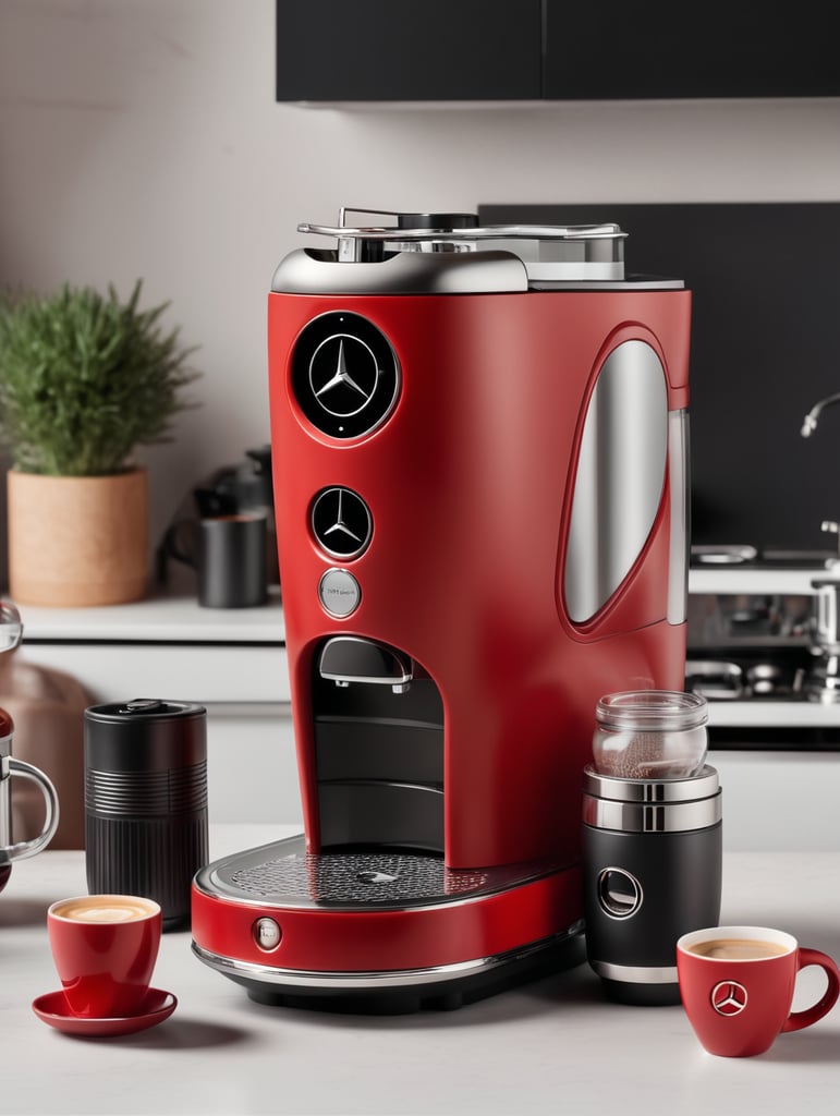 a capsule coffee machine shaped like a red mercedes benz, grain grinder on top, coffe mug, kitchen, realistic