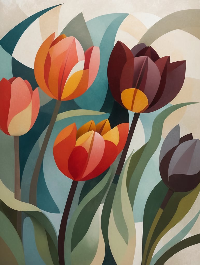 cubism, tulips, abstract composition with compositional center, Little and big details, abstract stylisation, 5 colours