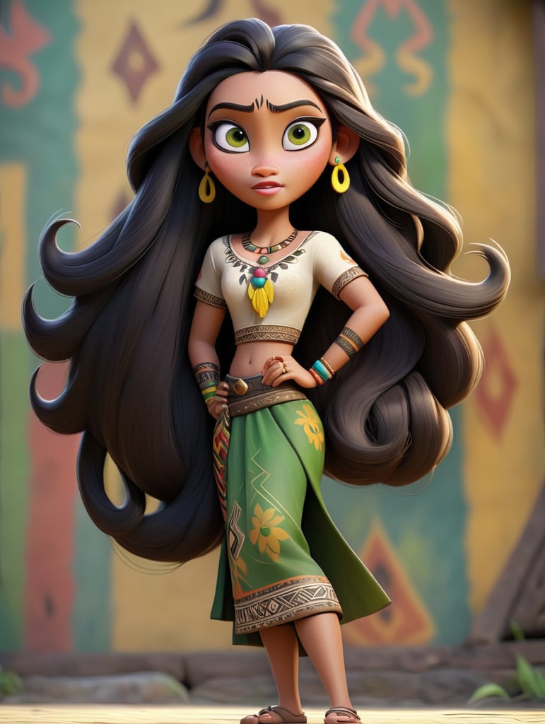 Turn around of full body Indonesian dayak tribal 20 years girl named Widya Purnama, 172 cm tall, long dark-hair (green), yellow eyes, sharp nose, triangle-face, tribal tatto in the chest, T Pose, cartoon shader