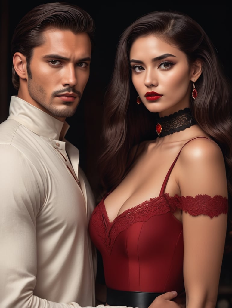 two lovers, in the style of frank thorne, romantically aesthetic, male and female models, dark academia vibes, dark background, intimate, she looks into the camera, he looks at her, she's wearing a choker around her neck and has on a red dress, he is handsome and mysterious, both have dark hair, close up