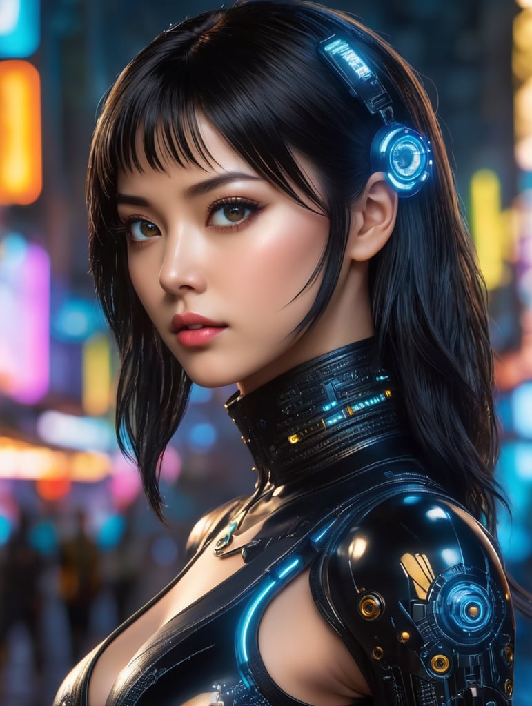 Beautiful full body shot of Reika, black latex bodyshuit, straight black hair, science fiction, cyberpunk city in the background, gantz, In the Style of Cyberpunk 2077, Ultra realistic photo face of a beautiful woman, masterpiece, best quality, CG, wallpaper, HDR, high quality, high-definition, extremely detailed, beautiful detailed face, beautiful detailed eyes, detailed light intricate detail, highres, detailed face, extremely detailed face, beautiful face, young woman, Jewel-like eyes, neon light, chiaroscuro, anime style, key visual, intricate detail, highly detailed, breathtaking, vibrant, cinematic