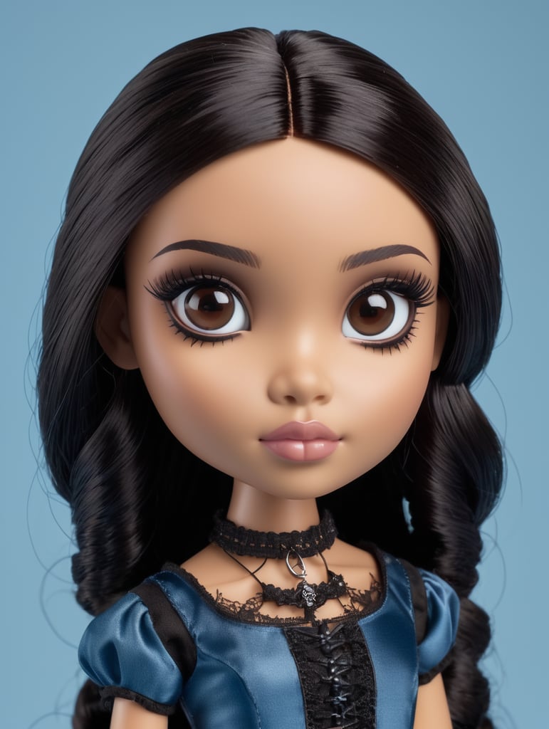 Bratz doll, beige skin tone, black hair medium length, brown eyes, wearing gothic clothes, on a blue background