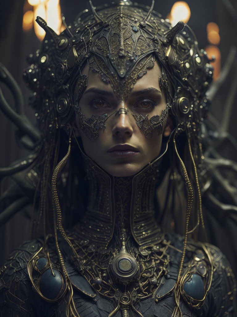 Masterpiece sculpture of an ornate bejeweled mechanical robot alien moonster , by annie swynnerton and diego rivera and nicholas roerich and giger and jean delville, symbolist, dramatic lighting, god rays, elaborate geometric ornament, art brut, rich colors, smooth, sharp focus, extremely detailed, adolf wolfli and donato giancola