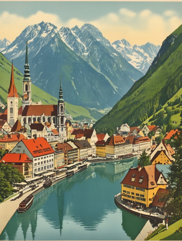 Illustration of an Austria in the style of Donald Fraser Gould McGill and a Bamforth postcard