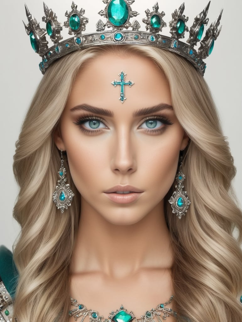Warrior queen, blonde highlights, blue green eyes, crown, cross