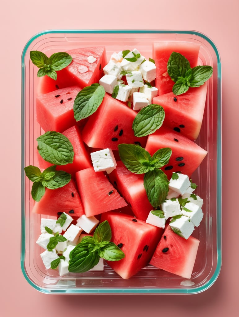 Watermelon Salad with Feta and Mint in a transparent plastic tray, top view, isolated, mockup