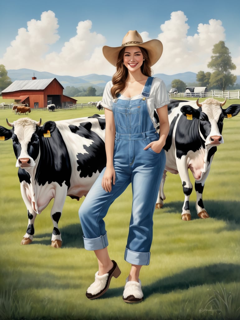 Draw a happy young woman wearing furry slippers on her feet that look like small holstein cows. The woman wears a large cowbow hat and denim overalls, and is standing in a barnyard with cows shown in the background.