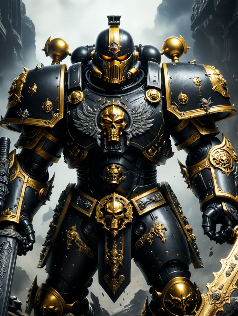 warhammer 40k, space marine, black and gold armor, black legion, force sword in hand,
